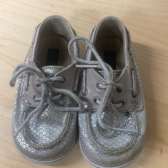 Sperry Topsider Silver Sparkle Sequin Lace Up Bahama Crib Jr Boat‎ Shoes Baby 4M - Picture 2 of 5